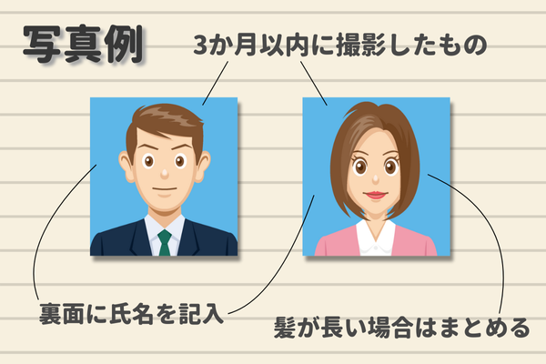 写真例 3か月以内に撮影したもの 裏面に氏名を記入 髪が長い場合はまとめる